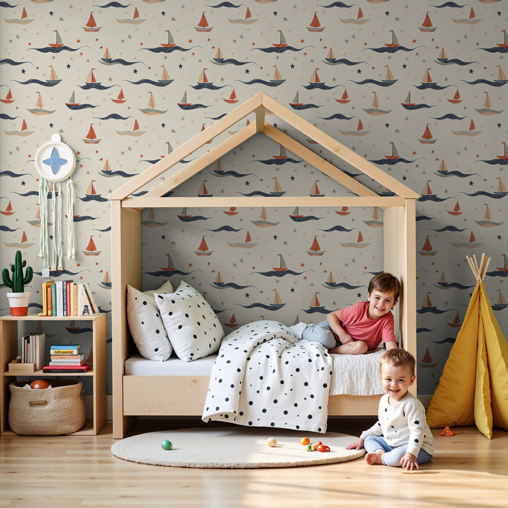 Sailboat mural wallpaper with ocean waves in modern nursery room by Kids-Mundo