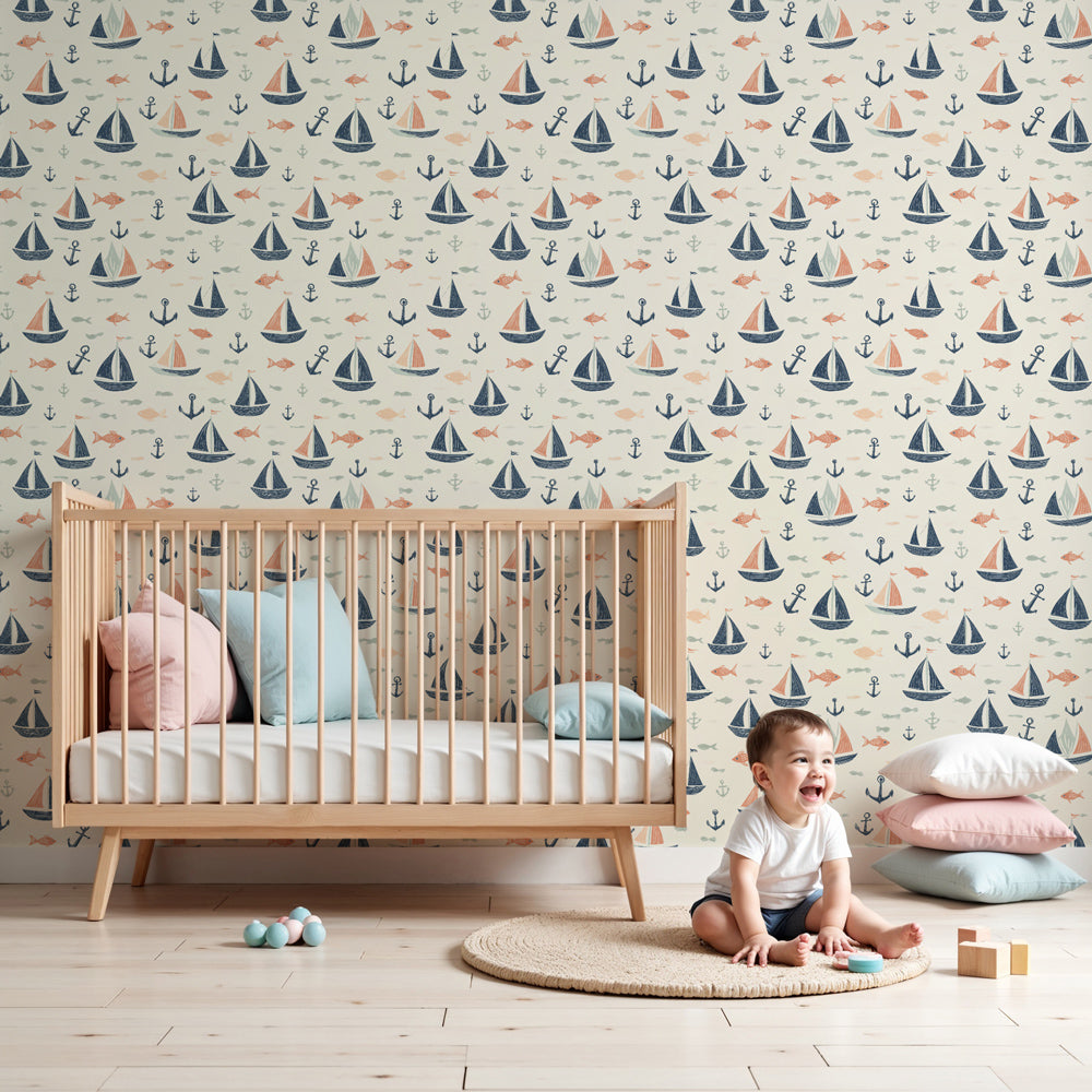 Sailboat mural wallpaper with colorful fish creating nautical nursery decor by Kids-Mundo