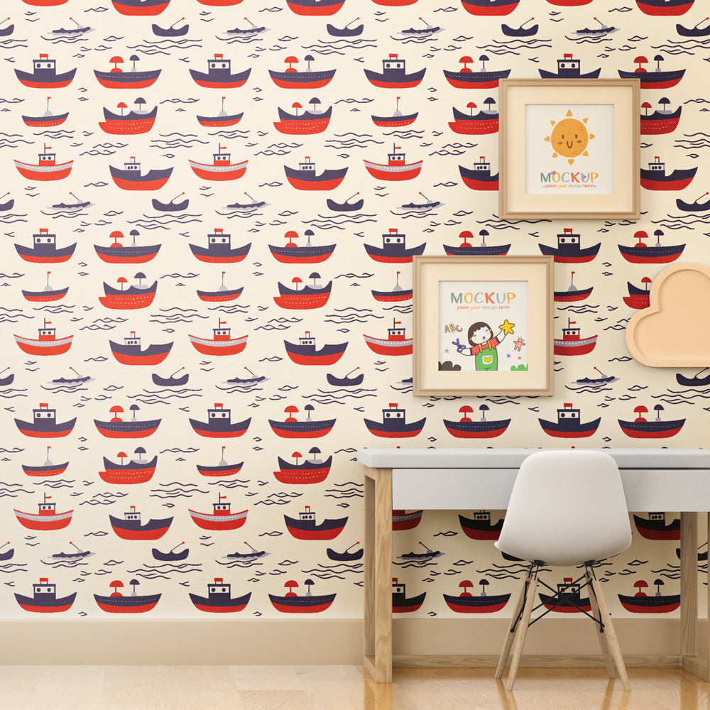 Ocean boat mural wallpaper transforming children's playroom into nautical adventure space