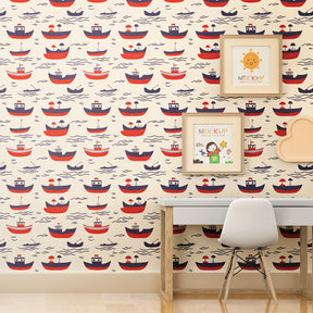 Ocean boat mural wallpaper transforming children's playroom into nautical adventure space