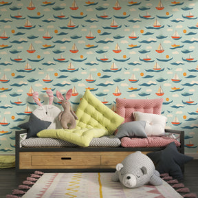 Ocean themed sailboat mural wallpaper for children's playroom by Kids-Mundo