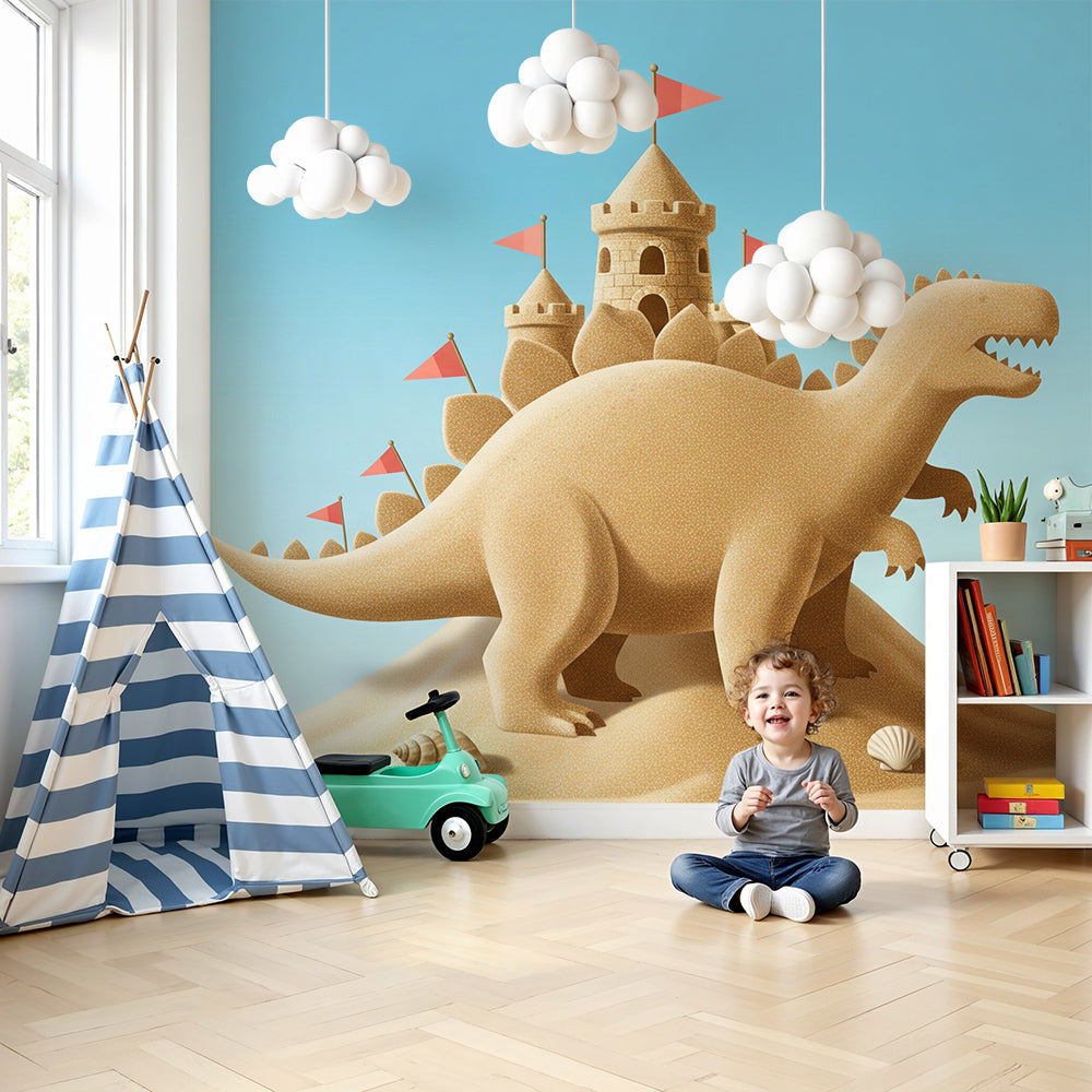 Kids-Mundo sand dinosaur wall mural in a coastal-themed nursery with white furniture and blue accents.