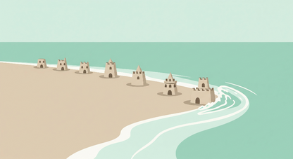 Kids-Mundo flat artwork of golden sandcastles along a turquoise shoreline, ready for made-to-measure wall murals.