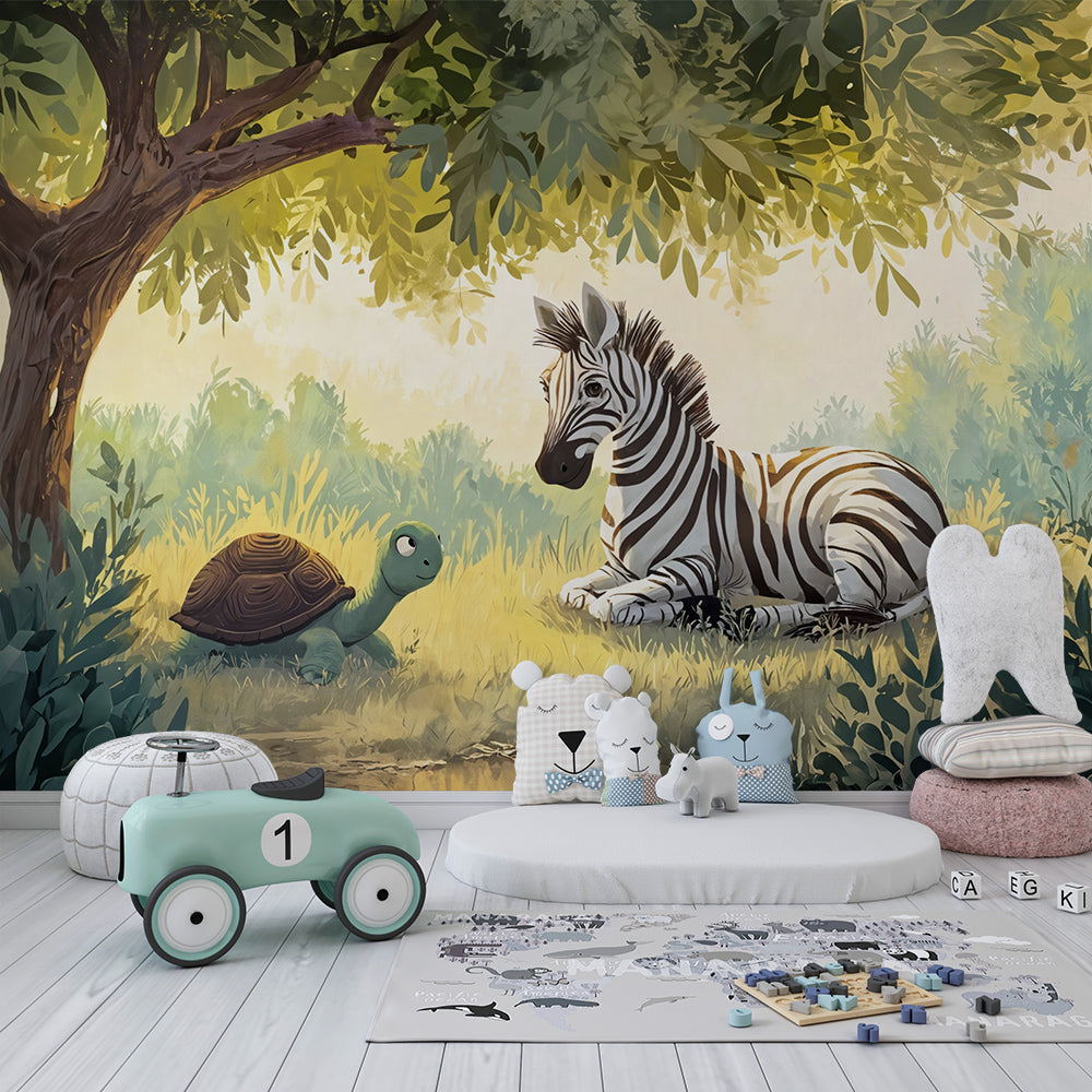 African wildlife wallpaper creating peaceful atmosphere in children's bedroom with natural lighting
