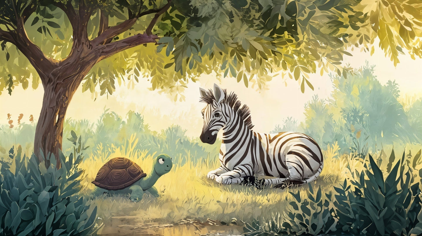 Detailed savanna animals mural wallpaper design pattern showing turtle zebra conversation by Kids-Mundo