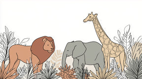 Detailed savanna animals mural wallpaper design pattern showing lion elephant giraffe by Kids-Mundo