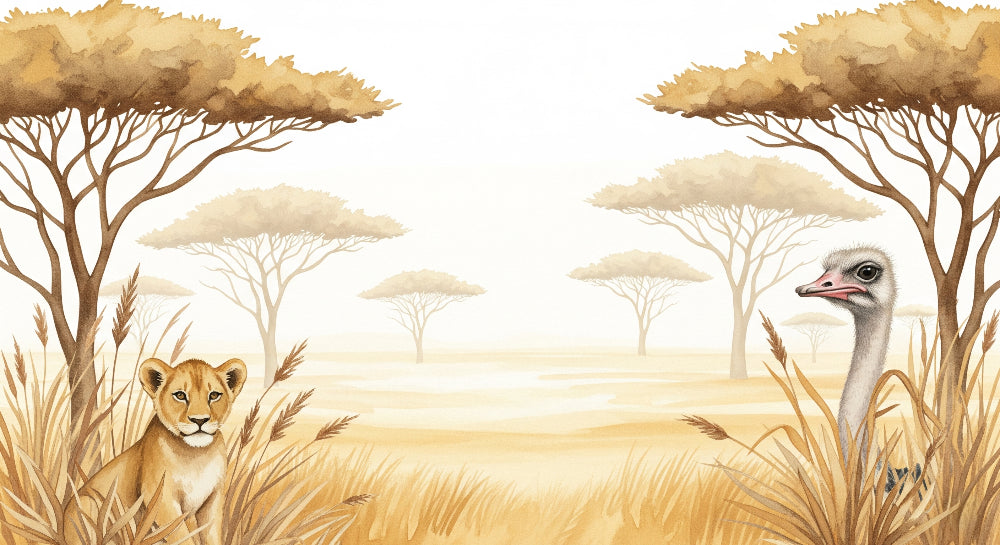 Detailed savanna animals mural wallpaper design pattern featuring lion cub and ostrich by Kids-Mundo