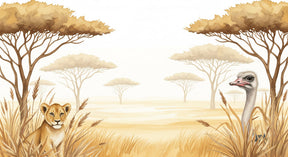 Detailed savanna animals mural wallpaper design pattern featuring lion cub and ostrich by Kids-Mundo