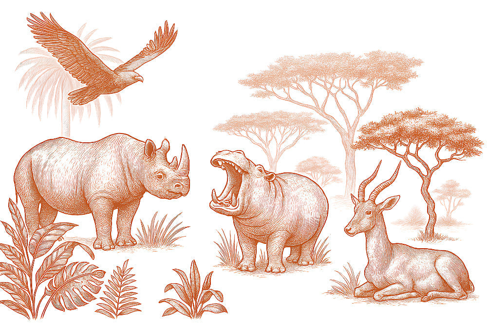 Detailed savanna animals mural wallpaper design pattern with rhinoceros and birds by Kids-Mundo