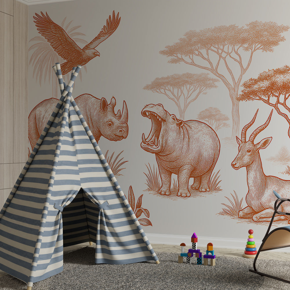 Safari animal mural wallpaper featuring hippos and antelopes in soft orange kids room decor
