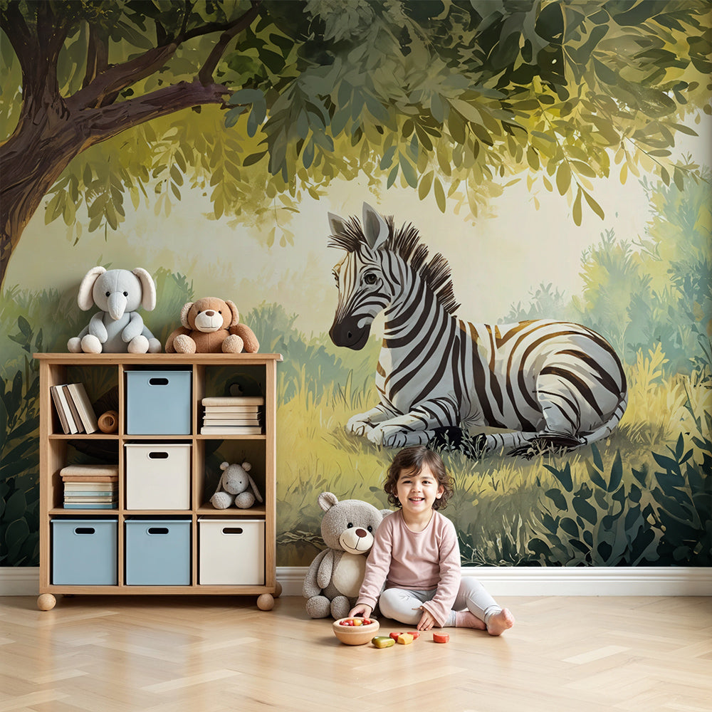 Savanna animals mural wallpaper featuring turtle and zebra in modern nursery by Kids-Mundo