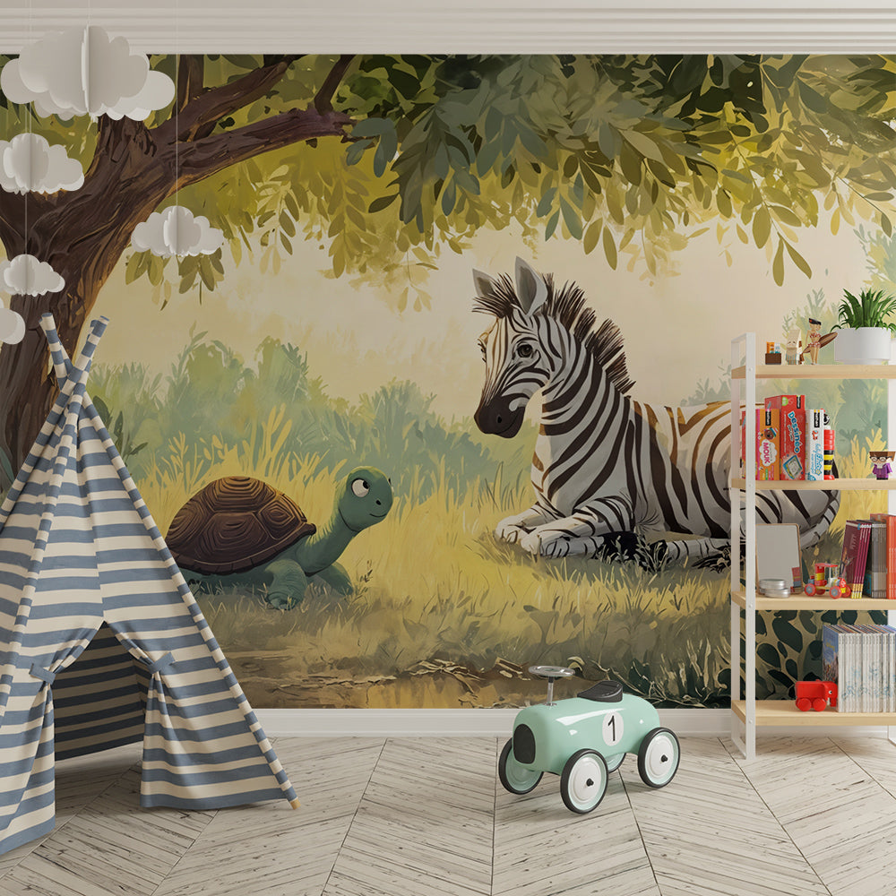 Turtle and zebra conversation wallpaper transforming kids playroom into savanna adventure space