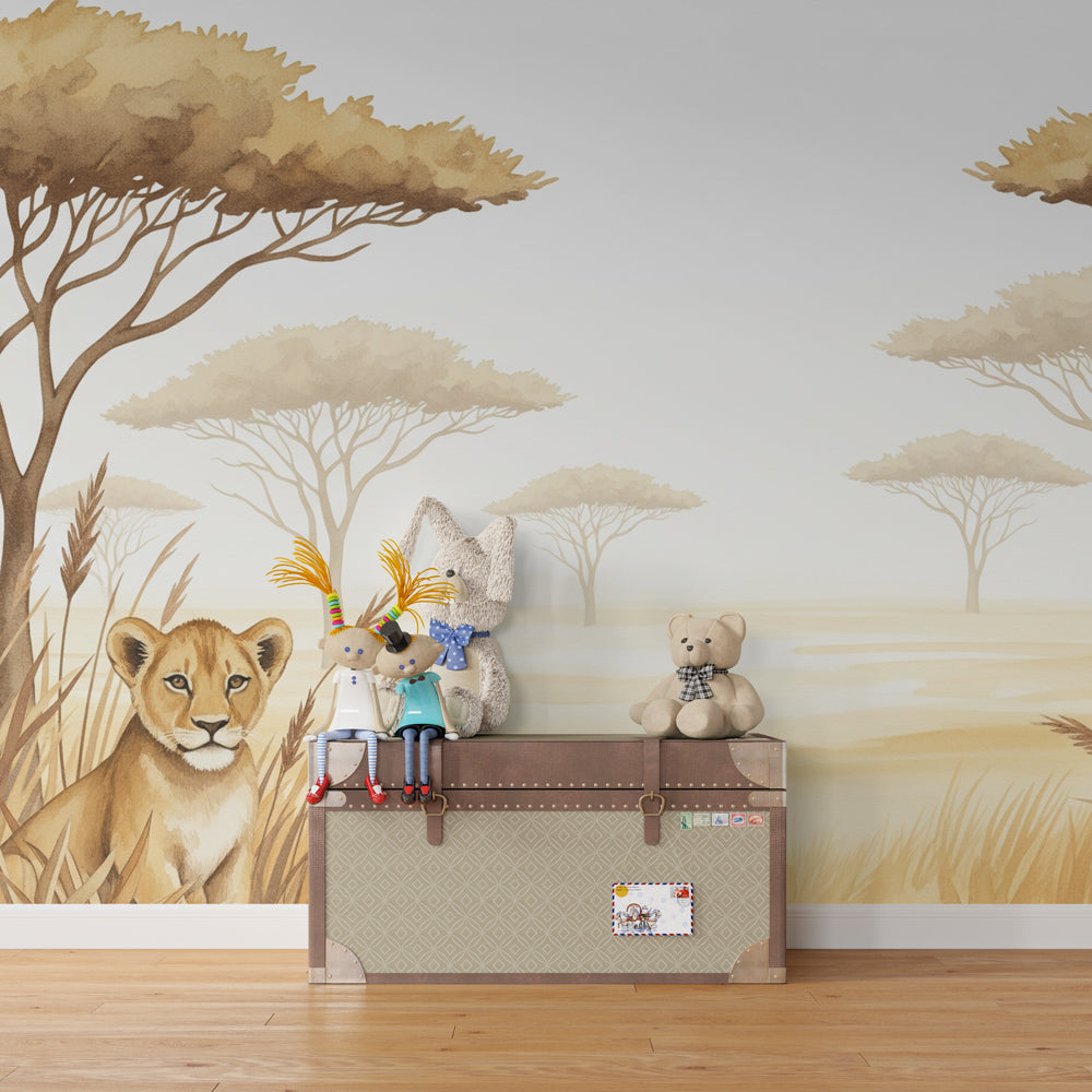 Lion cub and ostrich wallpaper transforming kids playroom into African savanna adventure space