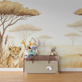 Lion cub and ostrich wallpaper transforming kids playroom into African savanna adventure space