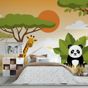 Animal themed mural wallpaper with giraffe and monkey in kids playroom by Kids-Mundo