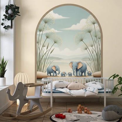 Kids-Mundo elephant family arch wall mural behind a bed in a kids bedroom