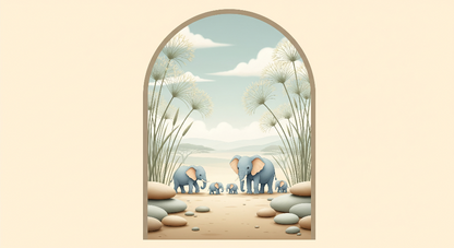Kids-Mundo flat artwork of an elephant family crossing a savanna path through an arch