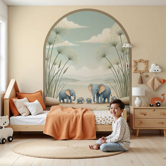 Kids-Mundo savanna elephant family wall mural in a warm beige nursery with a cot