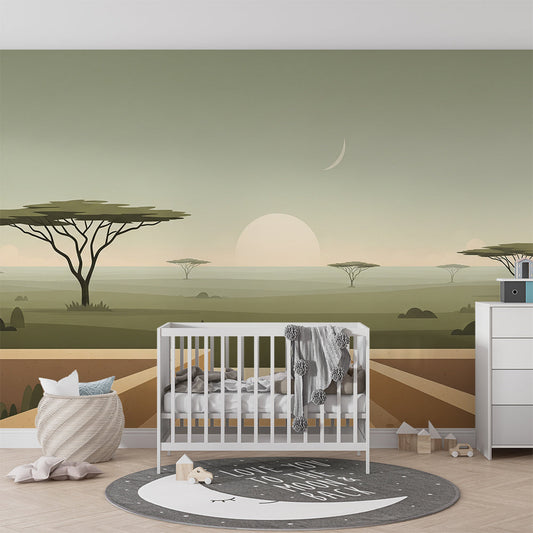 Kids-Mundo savanna sunset mural covering a feature wall in a child's bedroom