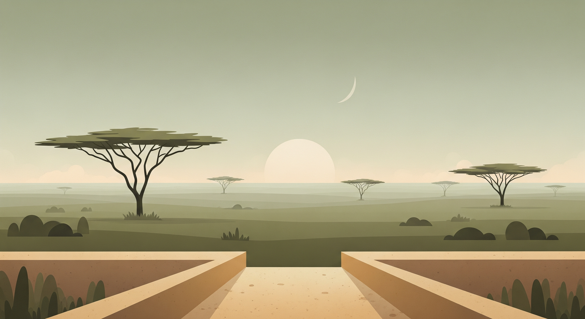 Kids-Mundo flat artwork of a hazy sun setting over an acacia-dotted savanna at dusk
