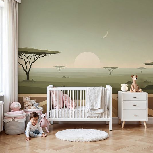 Kids-Mundo African savanna sunset wall mural styled above a cot in a soft nursery