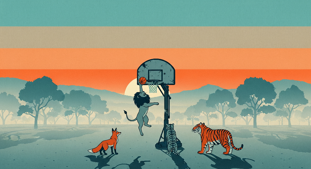Kids-Mundo flat artwork of a lion dunking a basketball as a fox and tiger watch under a savanna sunset