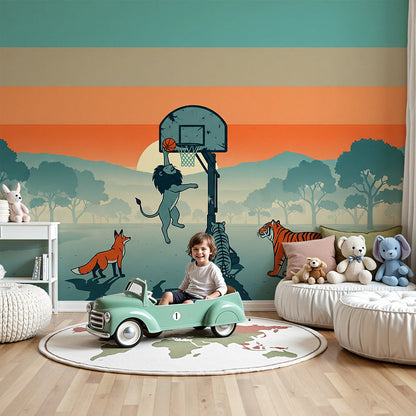 Kids-Mundo savanna sunset basketball wall mural shown as a feature wall in a nursery