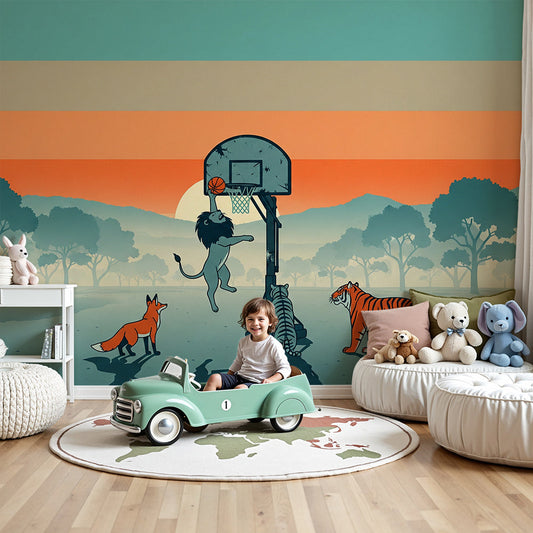 Kids-Mundo savanna sunset basketball wall mural shown as a feature wall in a nursery