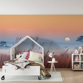 African landscape wallpaper creating adventurous kids bedroom decor with golden sunset tones