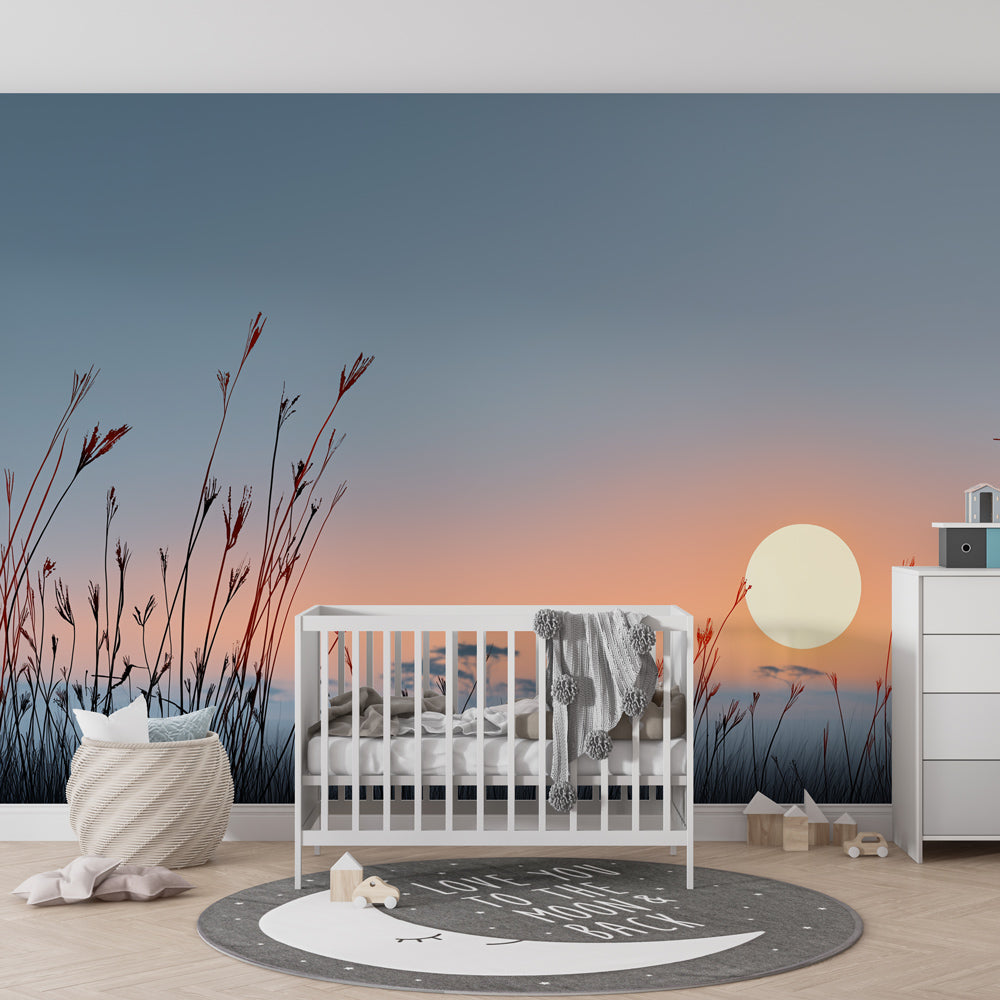 Children's savanna mural wallpaper featuring grass silhouettes and sunset hues in bright playroom