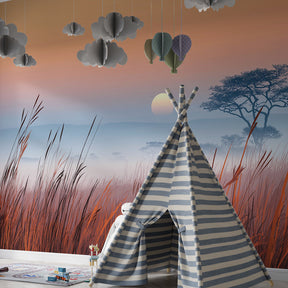Golden savanna mural wallpaper inspiring imaginative play in children's room by Kids-Mundo