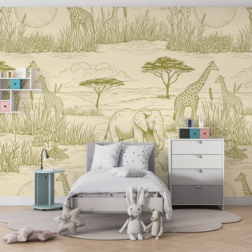 Kids-Mundo giraffe and elephant toile mural on a feature wall in a timeless kids bedroom