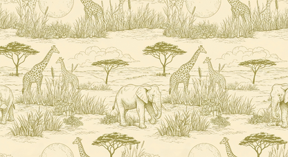 Kids-Mundo flat artwork preview of the savanna toile giraffe and elephant wall mural design