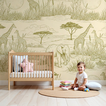 Kids-Mundo savanna toile giraffe wall mural styled in a soft cream nursery with a cot