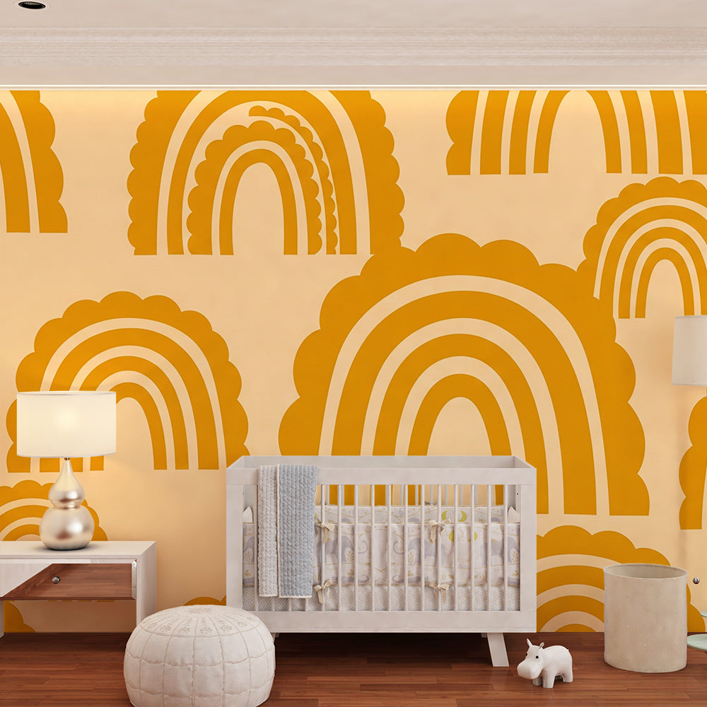 Kids bedroom featuring the Kids-Mundo scalloped rainbow wall mural on a peachy-cream backdrop