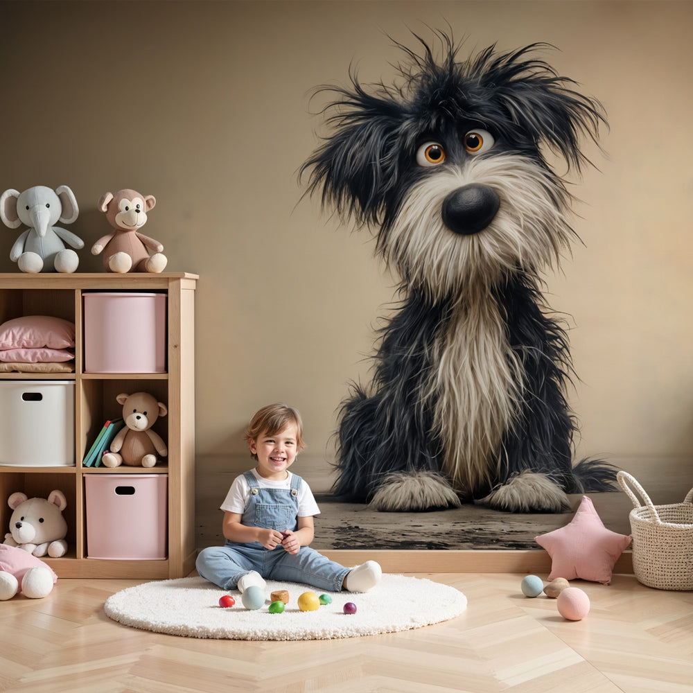 Kids-Mundo scruffy puppy wall mural styled as a feature wall in a warm baby nursery