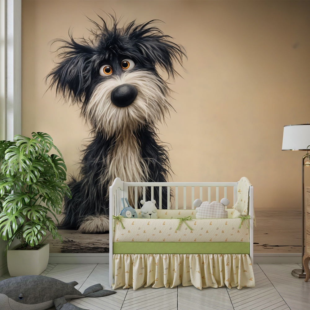 Kids-Mundo puppy portrait wall mural displayed as a focal point in a family playroom