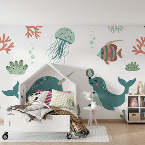 Happy ocean creatures wallpaper creating underwater theme in children's bedroom