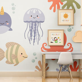 Underwater themed wallpaper with narwal and jellyfish in children's bedroom setting