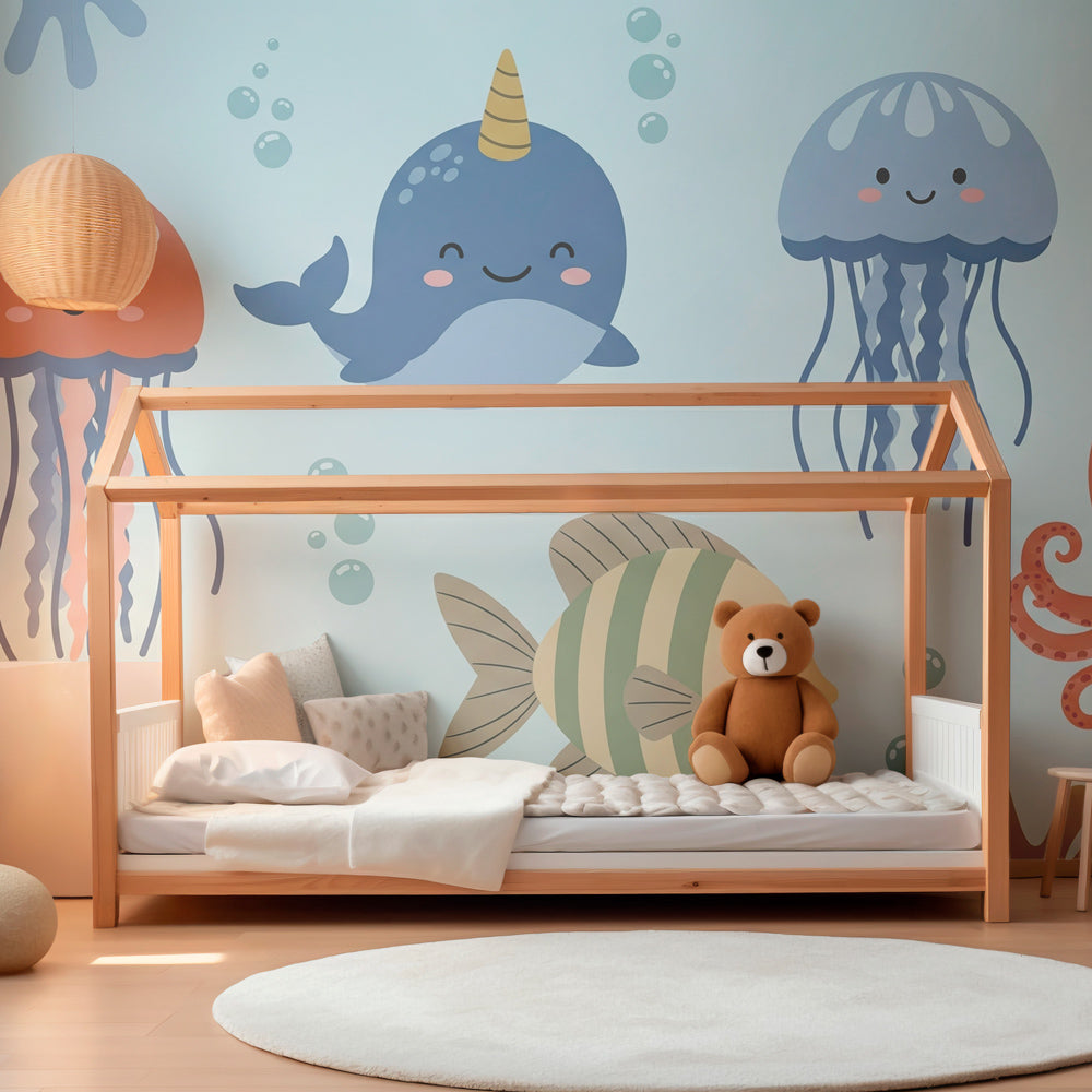 Marine creatures wallpaper creating ocean-themed kids room with soft coral tones