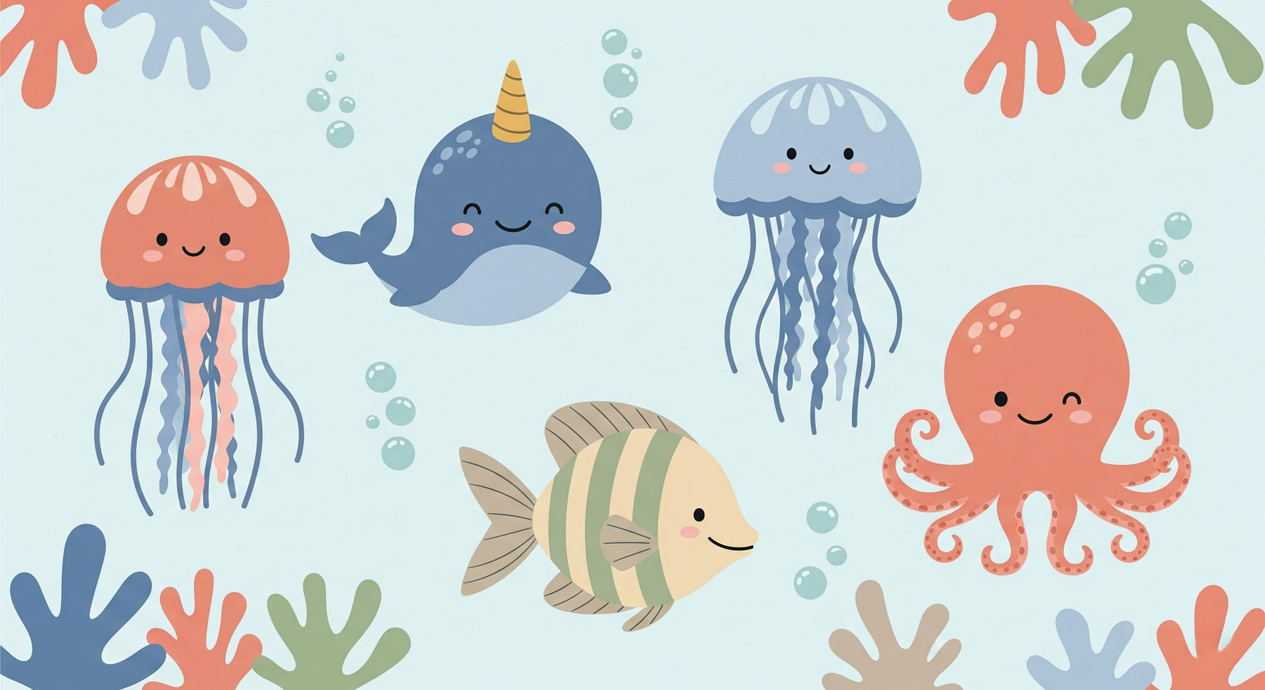 Detailed sea animals mural wallpaper design pattern showing octopus, fish and coral by Kids-Mundo