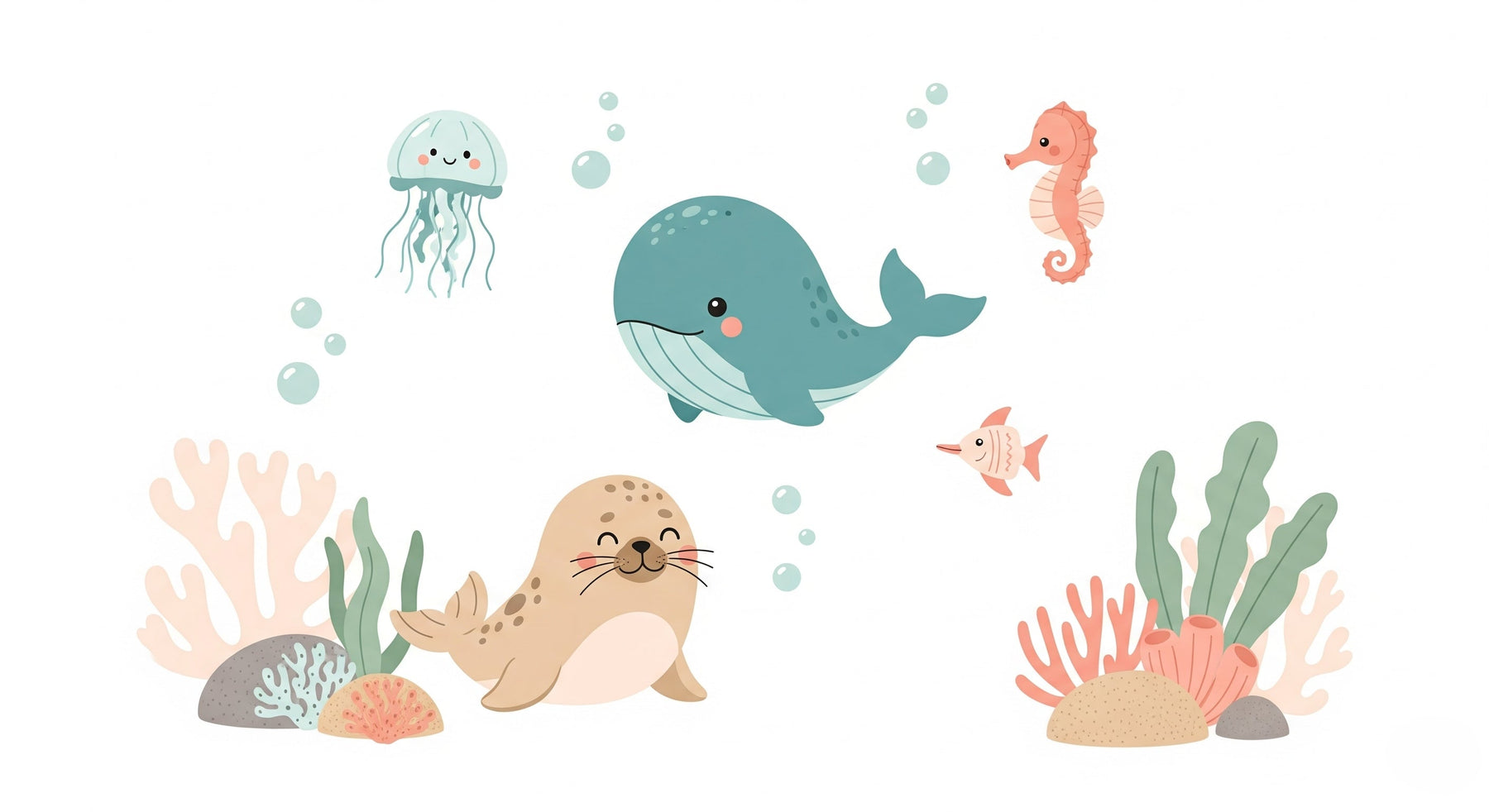 Detailed sea animals mural wallpaper design pattern with whale jellyfish and coral by Kids-Mundo