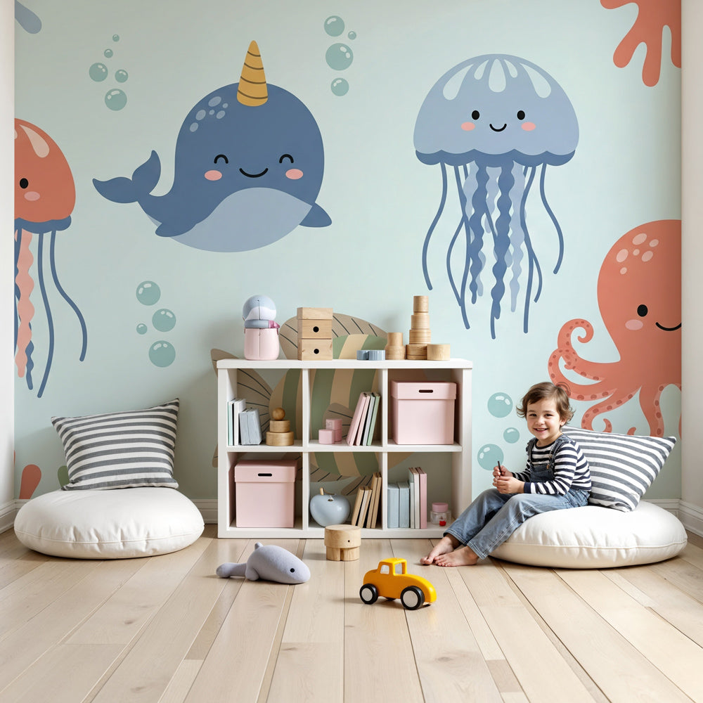 Sea animals mural wallpaper featuring cute marine creatures in modern nursery by Kids-Mundo