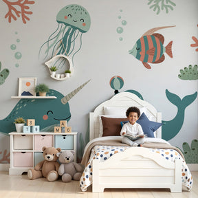 Sea animals mural wallpaper with ocean creatures in modern nursery room by Kids-Mundo