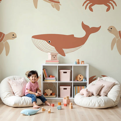 Kids-Mundo sea turtle and whale pattern wall mural styled in a calm ocean-themed nursery.