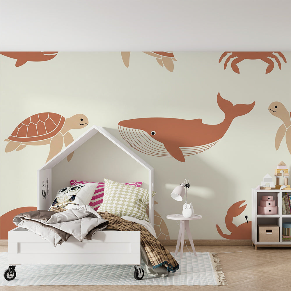 Kids-Mundo turtle and crab pattern wall mural setting a playful scene in a family playroom.