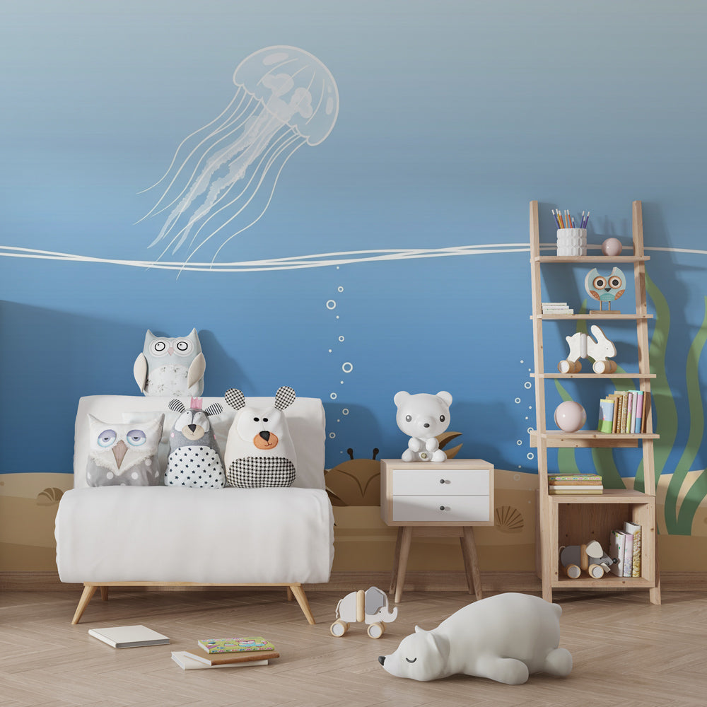 Sea life mural wallpaper with marine creatures decorating bright kids playroom space