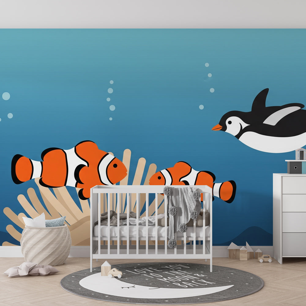 Sea life mural wallpaper transforming kids playroom into underwater paradise with coral and fish