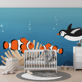 Sea life mural wallpaper transforming kids playroom into underwater paradise with coral and fish