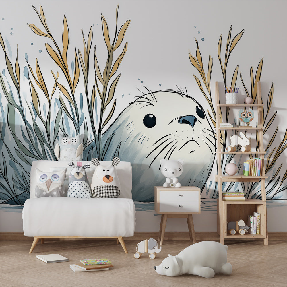 Ocean themed kids bedroom featuring curious sea otter wallpaper with seaweed design